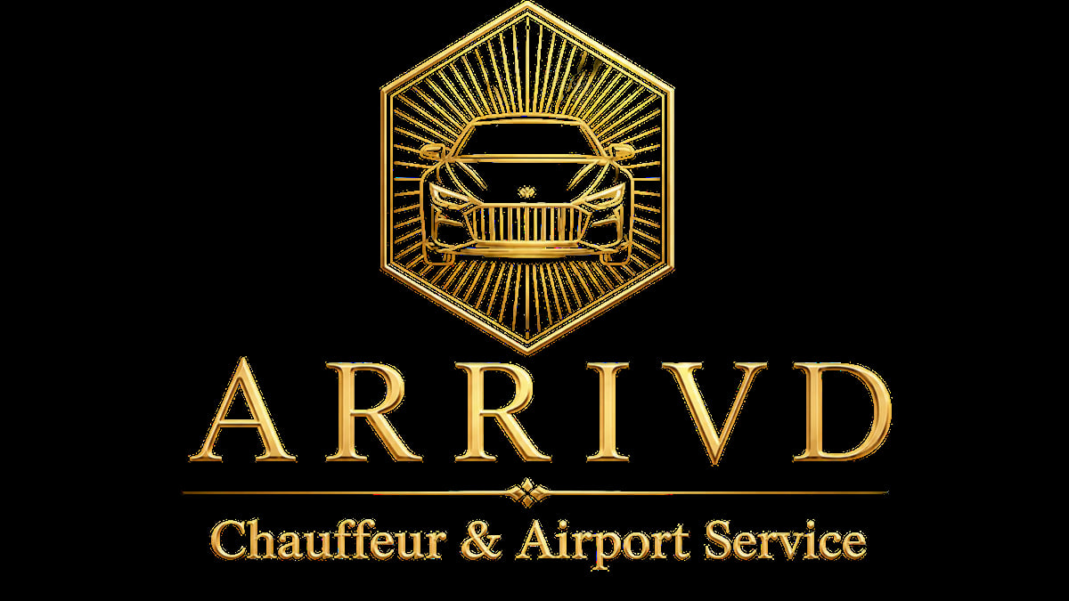 ARRIVD gold logo with hexagonal car emblem and text Chauffeur and Airport Service on black background