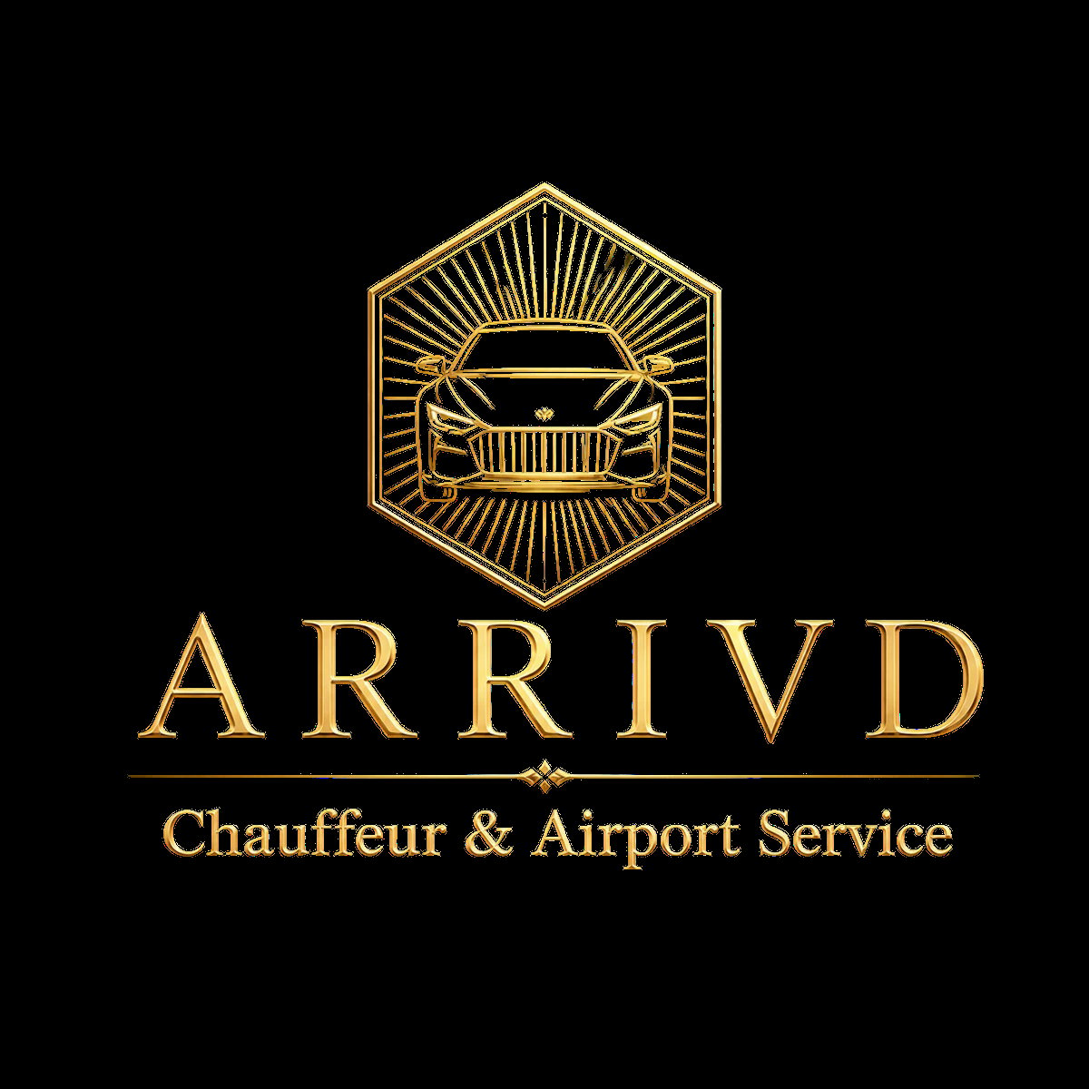 ARRIVD Chauffeur and Airport Service logo featuring a gold hexagonal badge with a car icon and radiating lines on black background